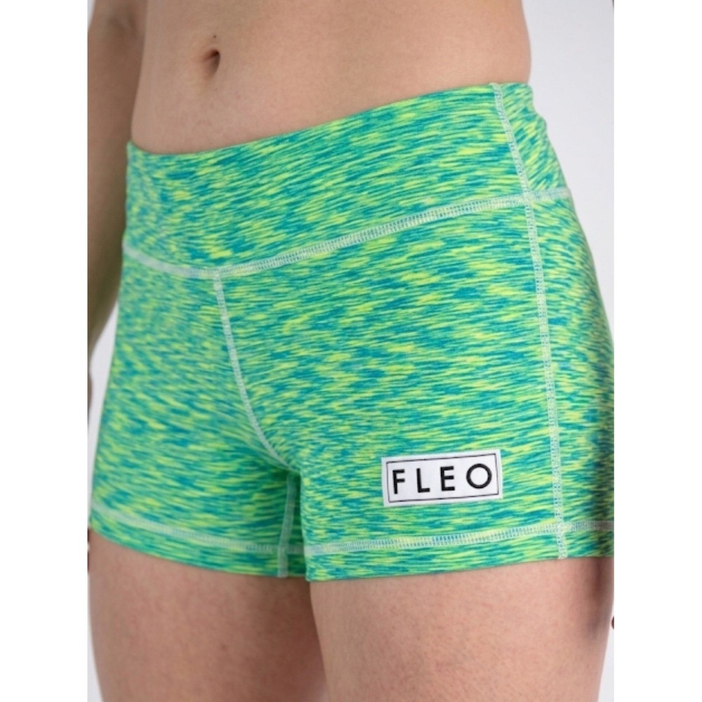 FLEO Womens Green Yellow Space Dye Athletic Compression Shorts Size M